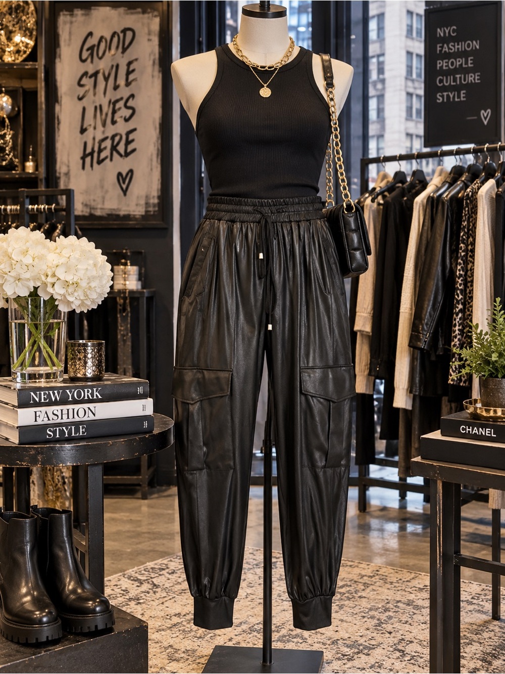 Ariella Black Faux Leather Cargo Joggers NWT